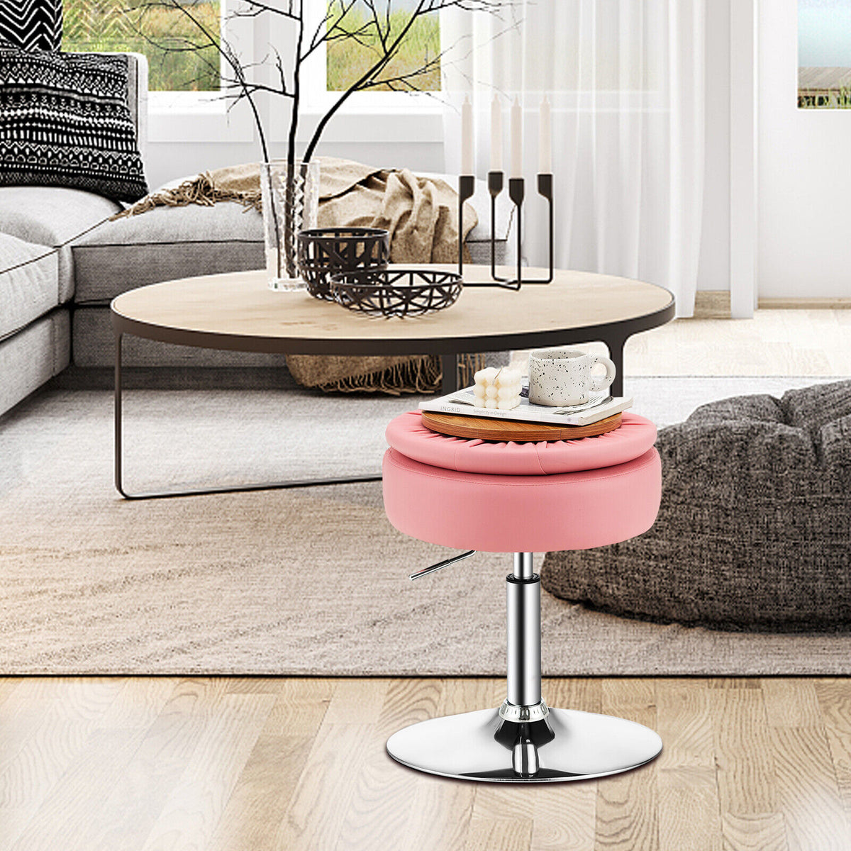 360° Pink Swivel Makeup Chair Vanity Stool with Storage