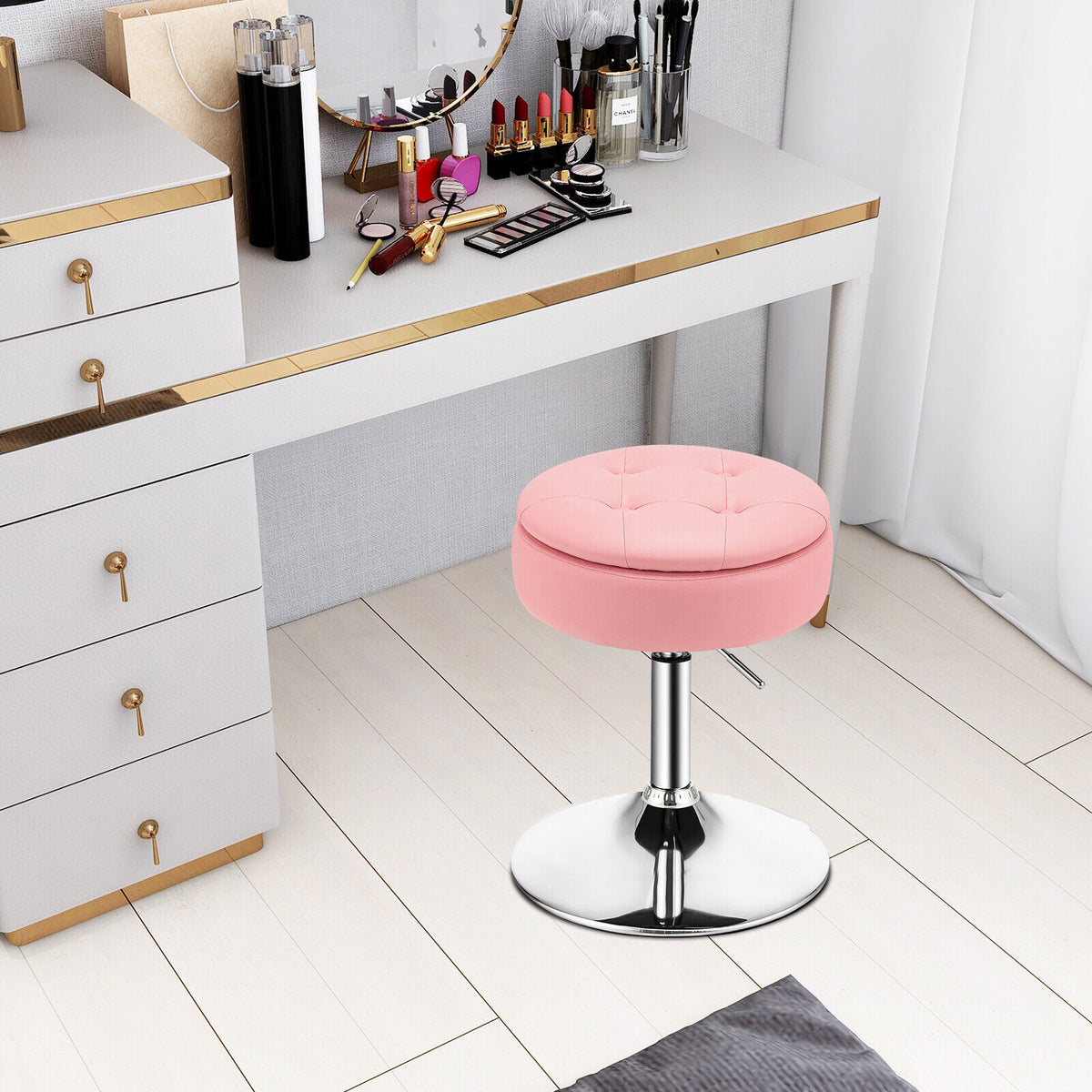 360° Pink Swivel Makeup Chair Vanity Stool with Storage