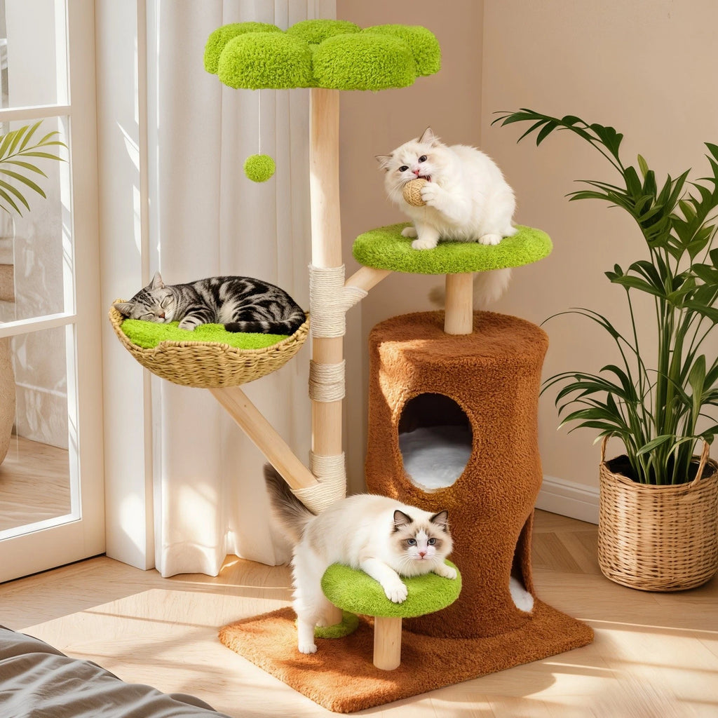Large Green Cat Tree Tower with Condos and Scratching Posts