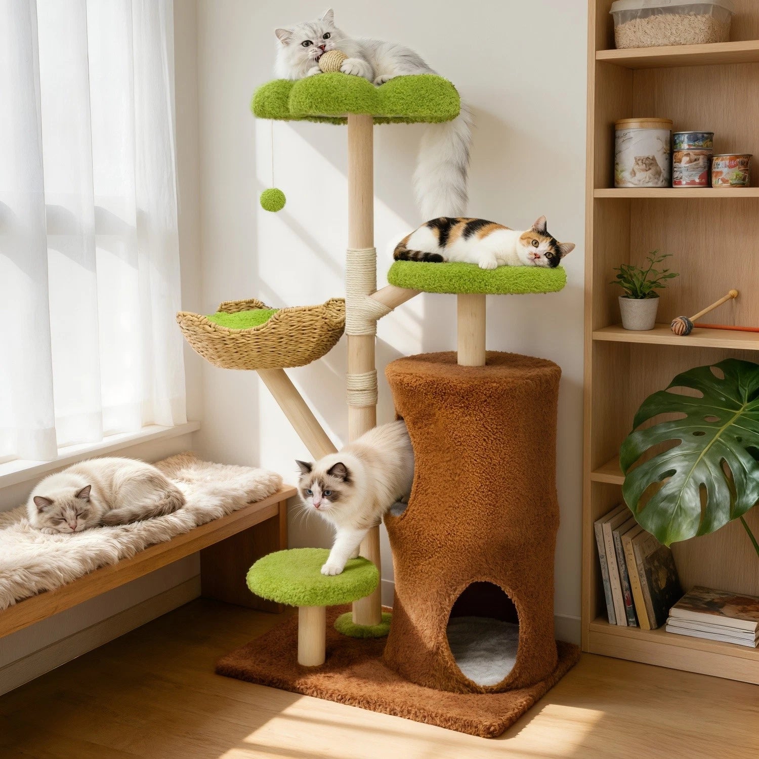 Large Green Cat Tree Tower with Condos and Scratching Posts