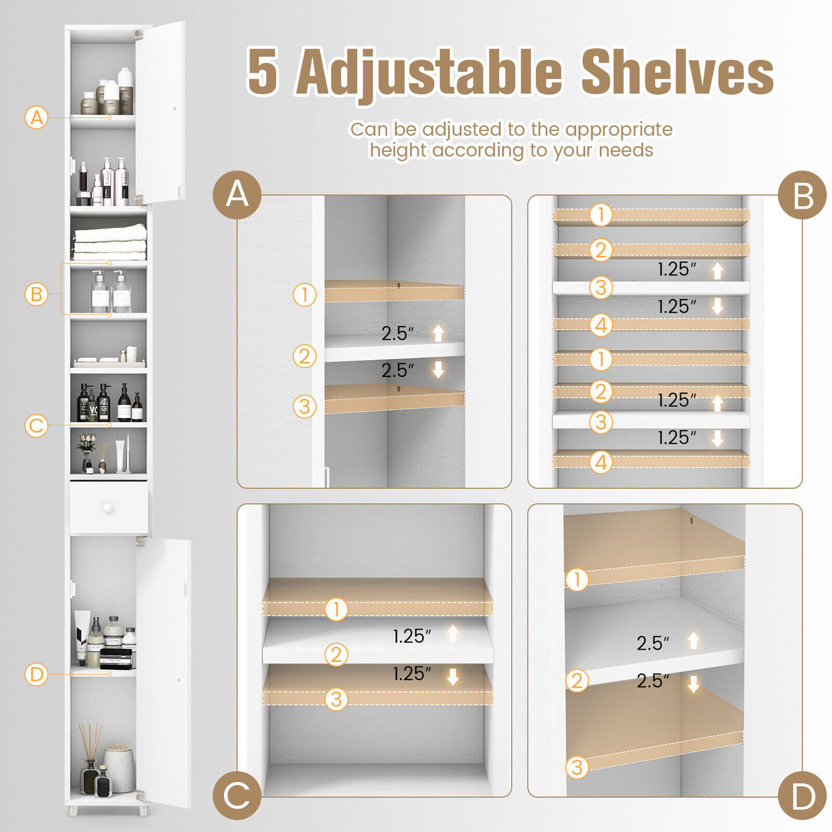 Space-Saving Tall Bathroom Storage Cabinet with Drawer & Adjustable Shelves