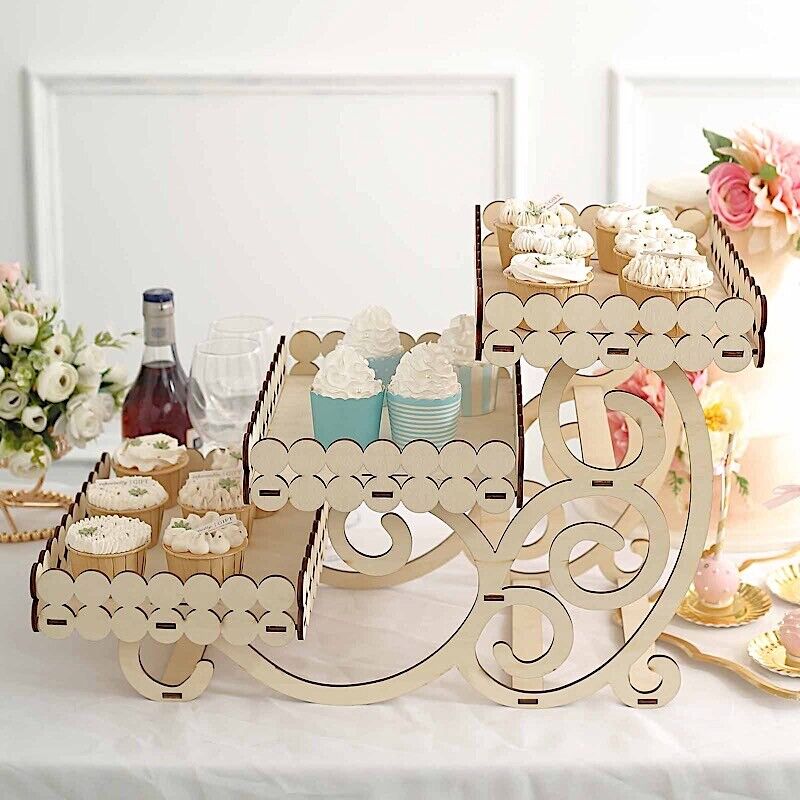 3 Tier Rectangular Laser Cut Wood Cupcake Dessert Stand Party Decor