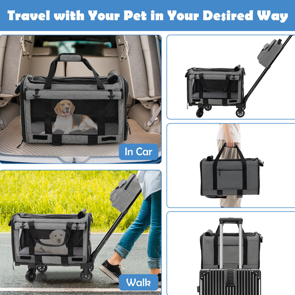 Rolling Travel Pet Carrier with Telescopic Handle for Cats and Dogs