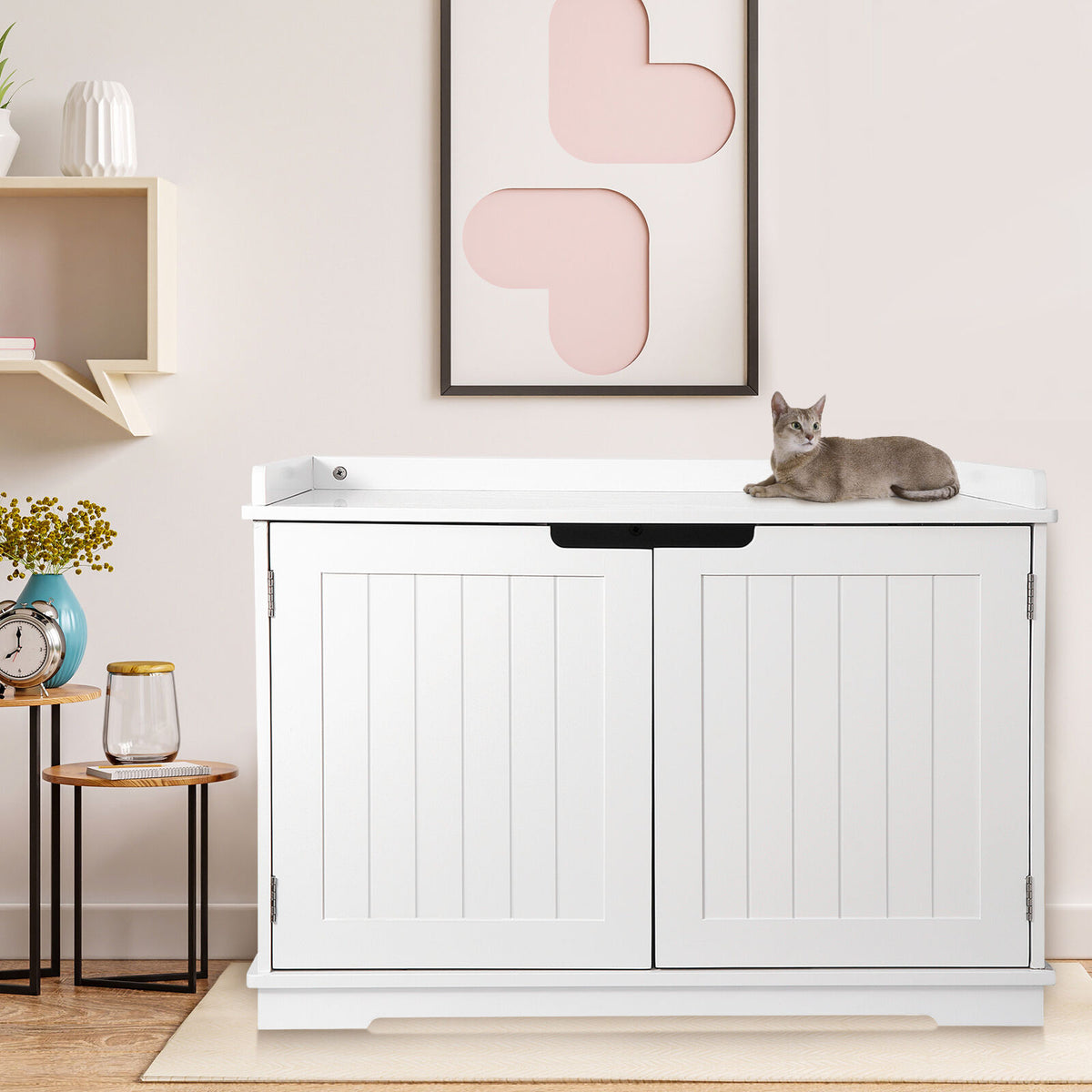 Wooden Cat Litter Box Cover Enclosure Cabinet Storage Furniture White