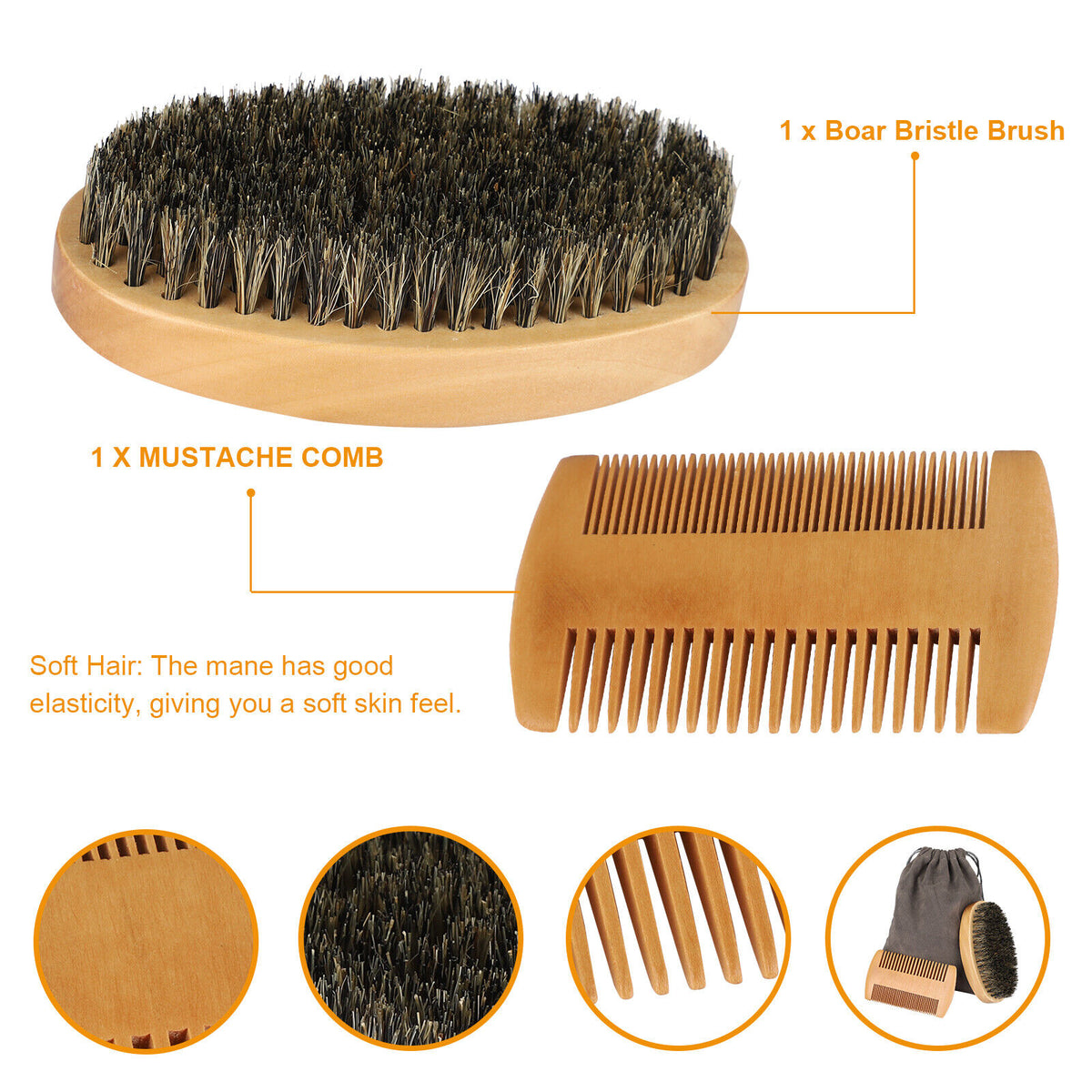 Boar Bristle Brush and Beard Comb Kit Hair Grooming Set Men