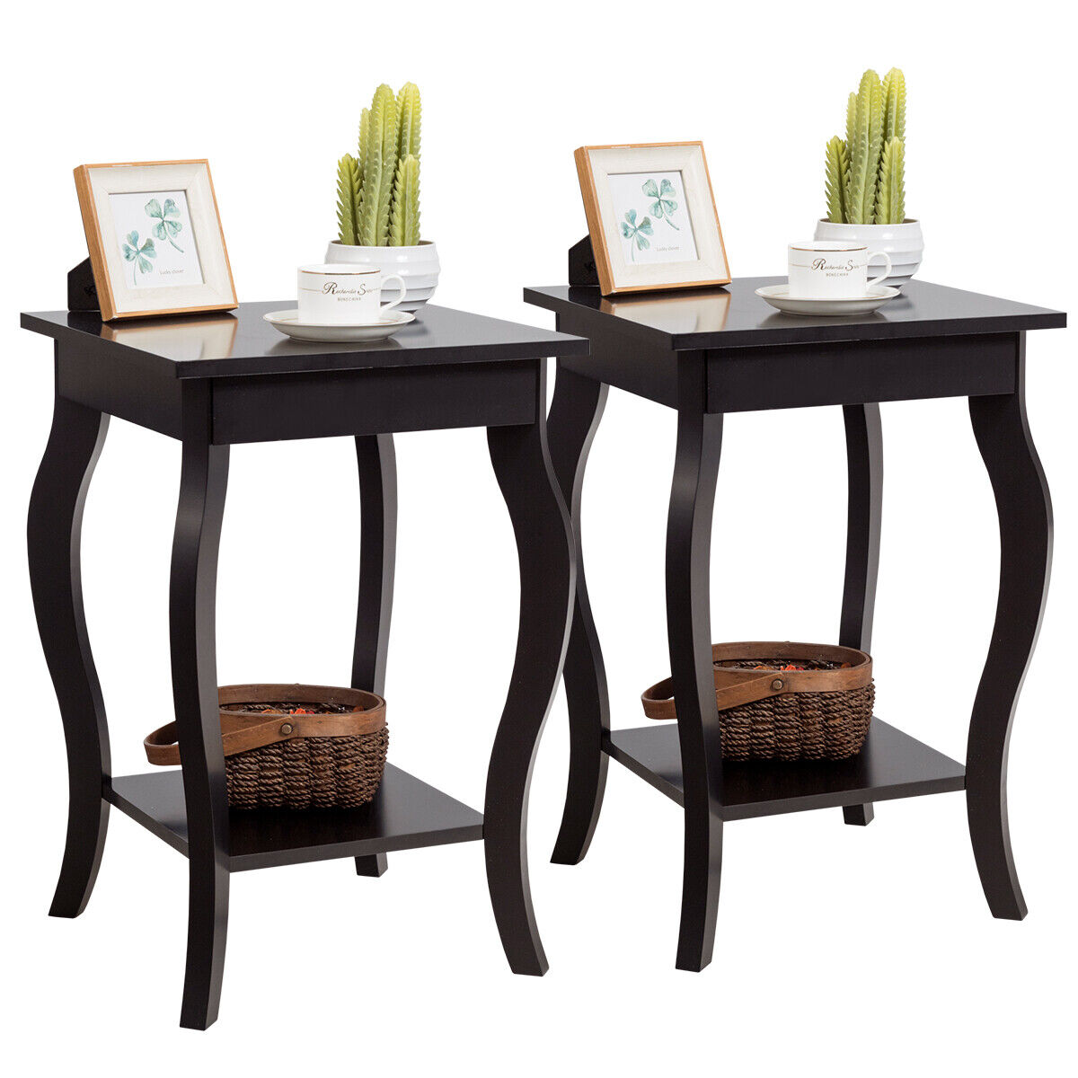 Brown Accent Side Tables Set of 2 with Shelf Sofa End & Nightstand