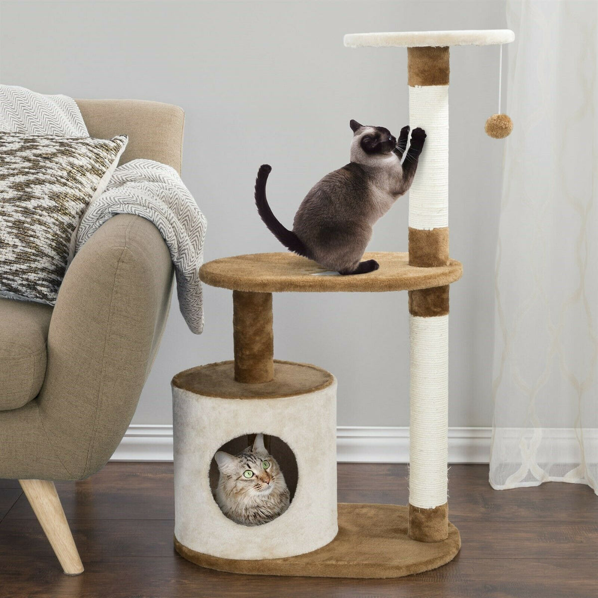 3-Tier Cat Tree Hideaway with Scratching Posts, Toy, and Cozy Cave 3ft Tall