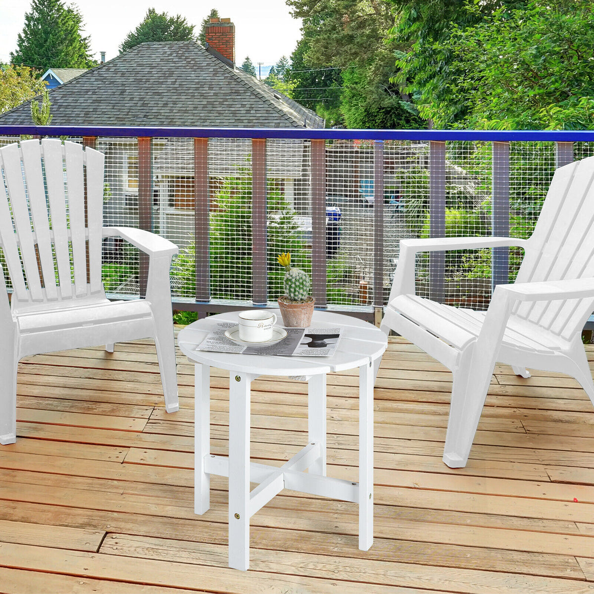 18-Inch Round Wooden Slat Patio Side Table in White for Garden Deck