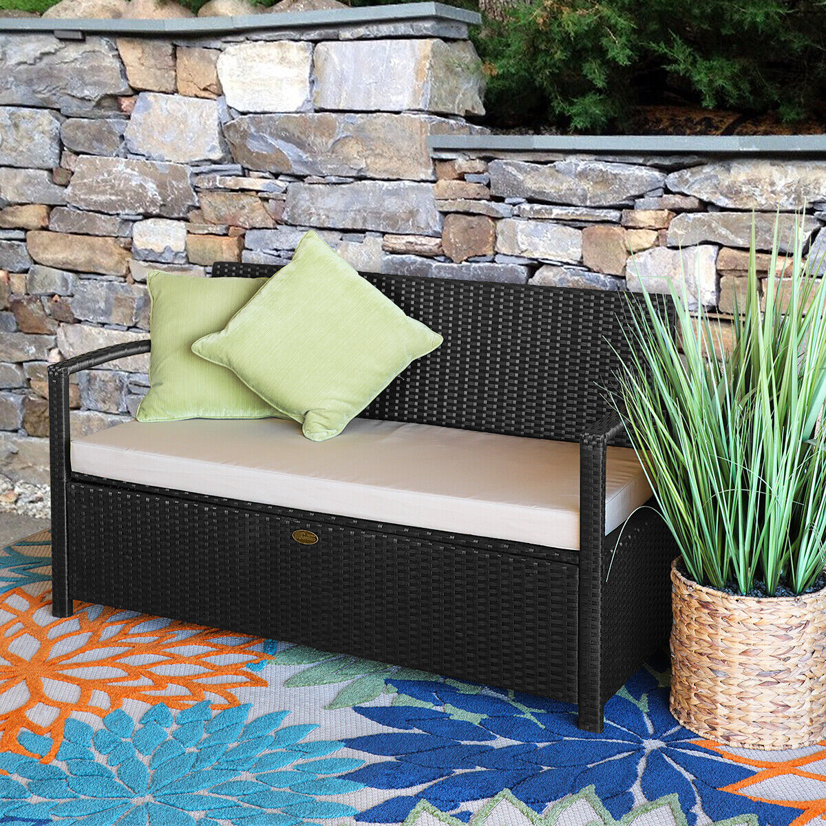 Black Deck Storage Box Bench With Seat Cushion Outdoor Patio Furniture