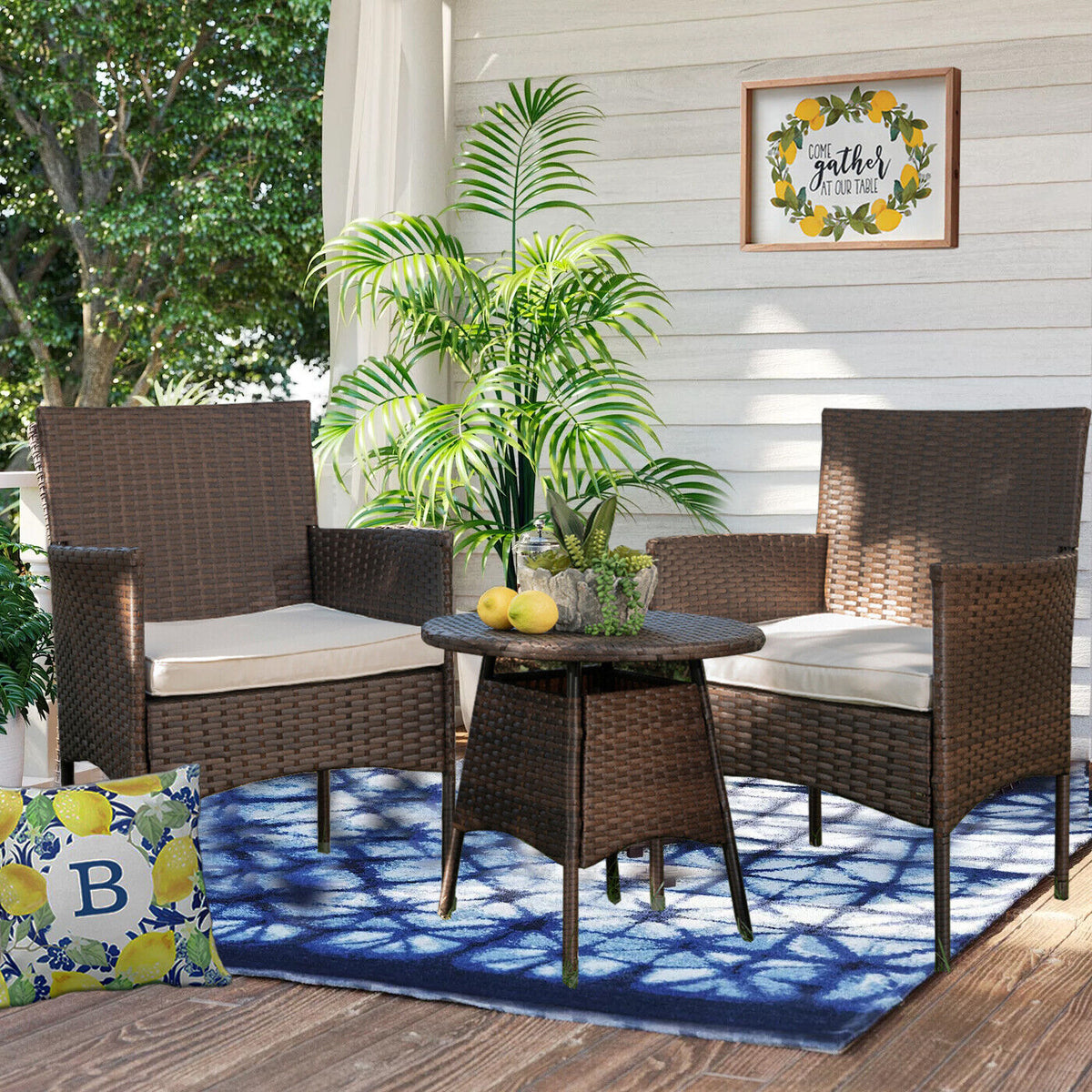 3-Piece Cushioned Wicker Chairs Set with Table Outdoor Patio Furniture