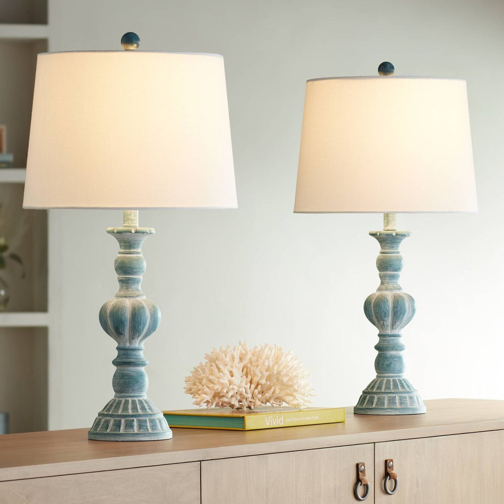Rustic Table Lamps Set Vintage Design With Blue Wash Bases 2-Piece