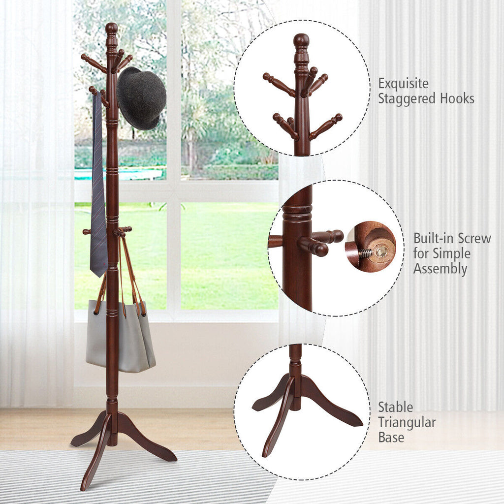 Wooden Hall Tree Coat Rack 2 Adjustable Heights and 9 Hooks