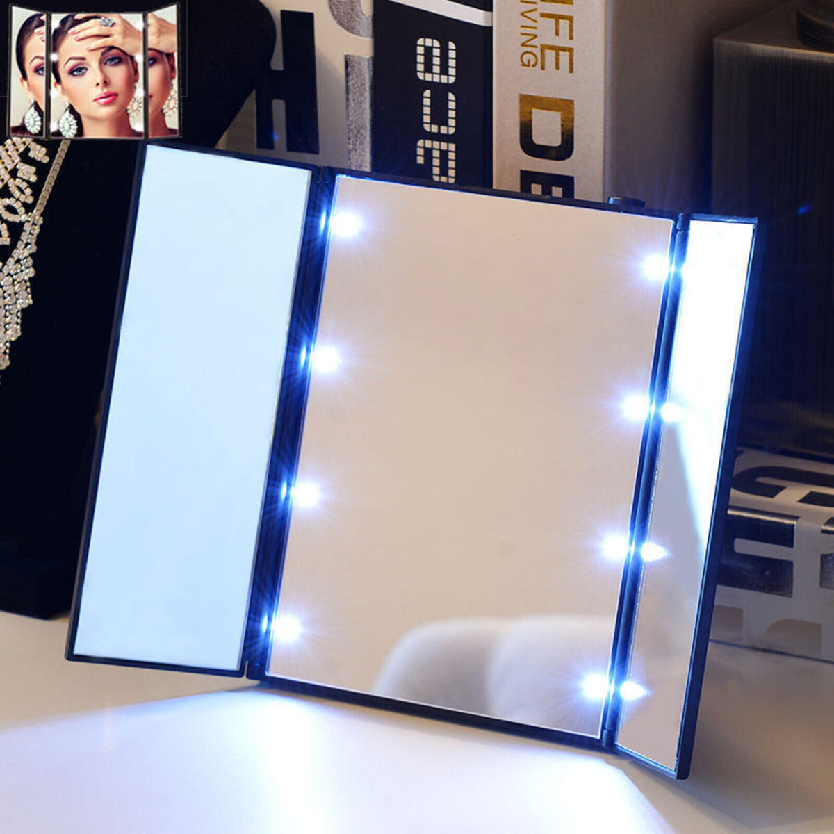 Tri-Fold Cosmetic Vanity Mirror With 8 LED Lights For Makeup
