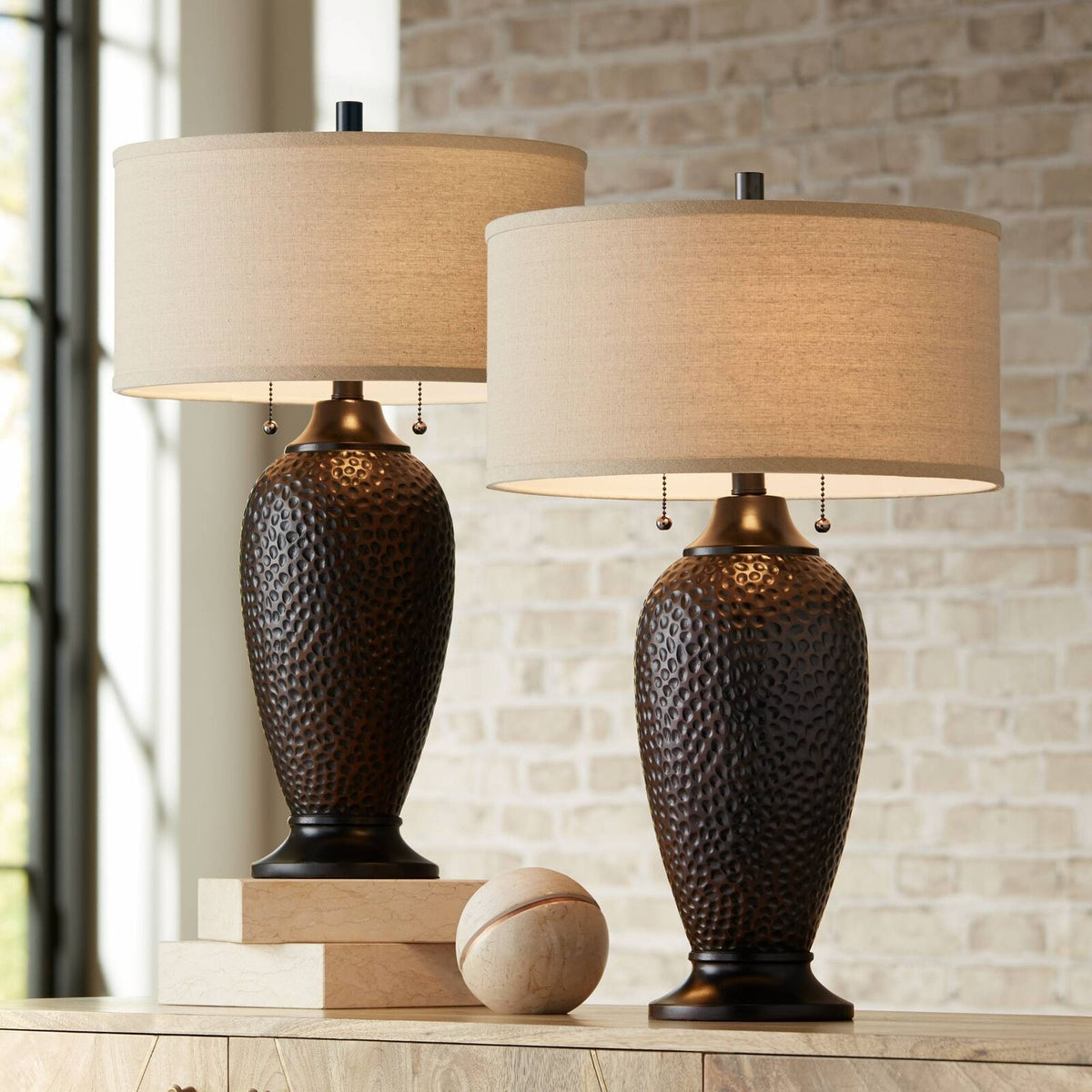2pcs Hammered Bronze Finish Table Lamps With Oatmeal Linen Drum Shades