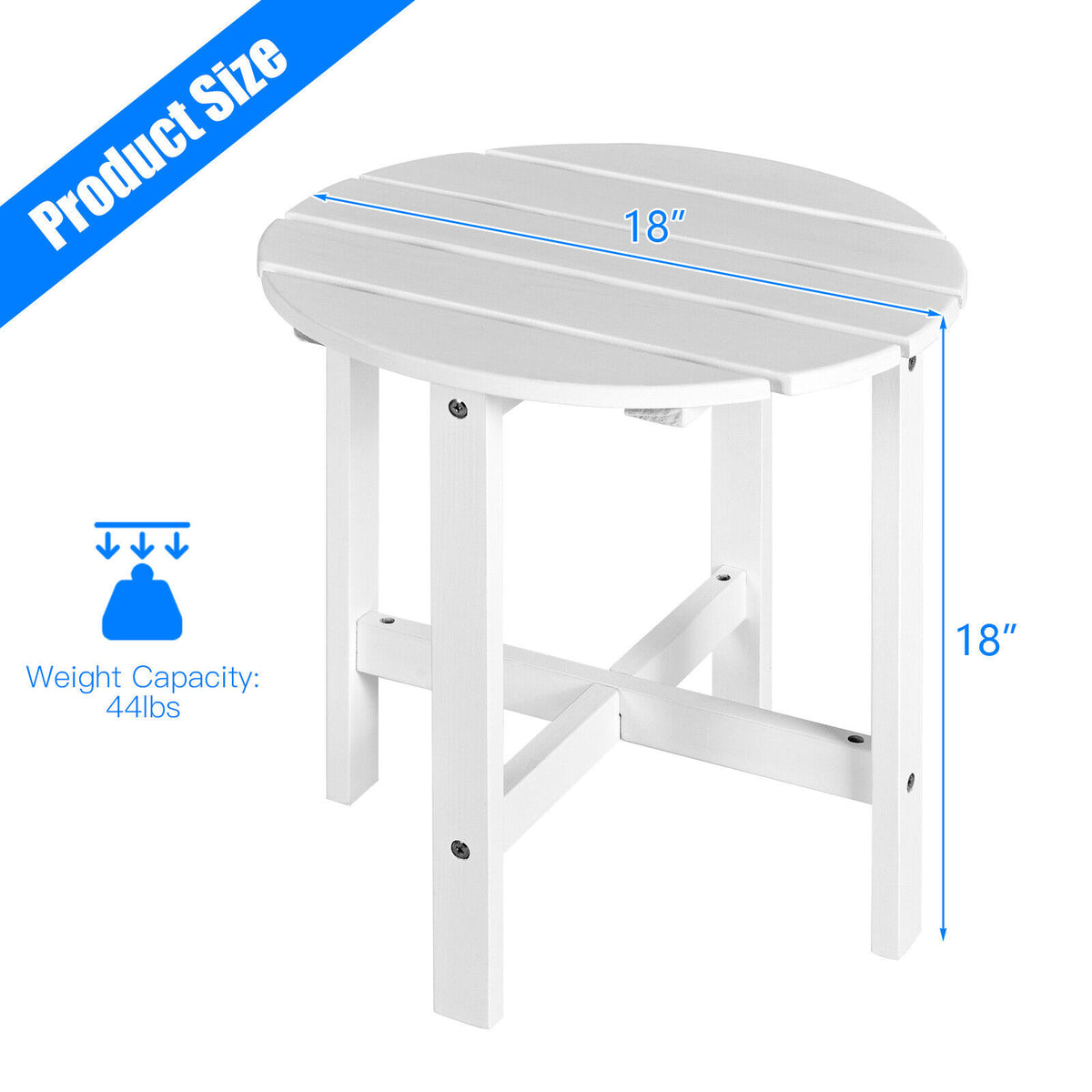 18-Inch Round Wooden Slat Patio Side Table in White for Garden Deck