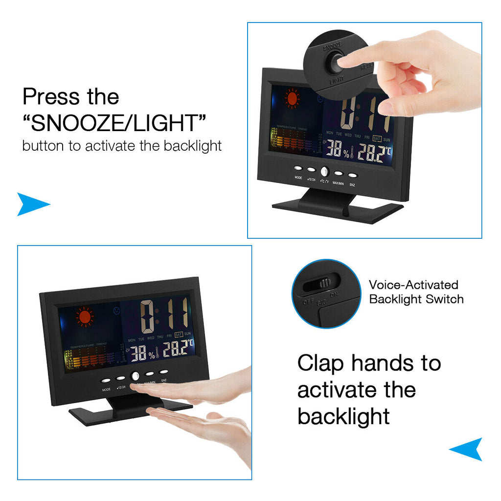 Digital LED Alarm Clock with Snooze, Calendar, Thermometer, Hygrometer & Weather Display