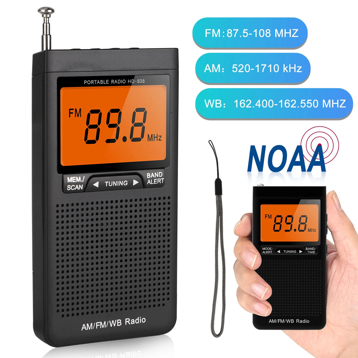 Pocket NOAA AM FM Weather Alert Radio with Auto Search Alarm Clock
