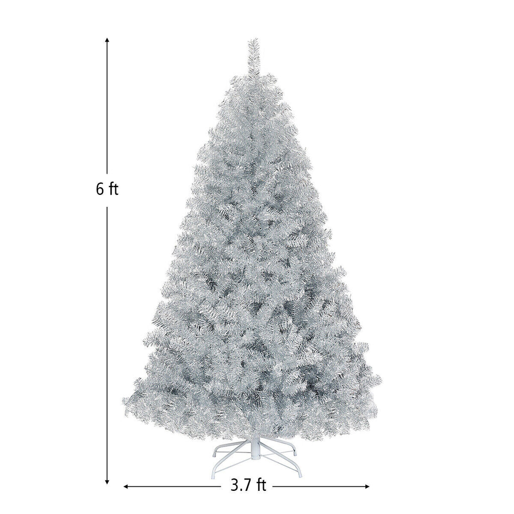 6-Foot Hinged Christmas Tree With Silver Tinsel Design And Metal Stand