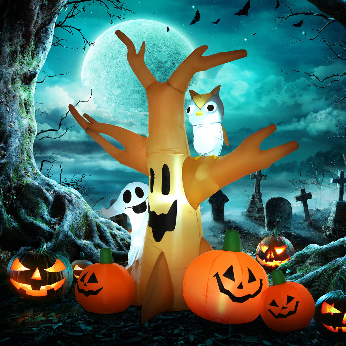 7.5-Foot Inflatable Haunted Halloween Tree With Pumpkin & Ghost Design