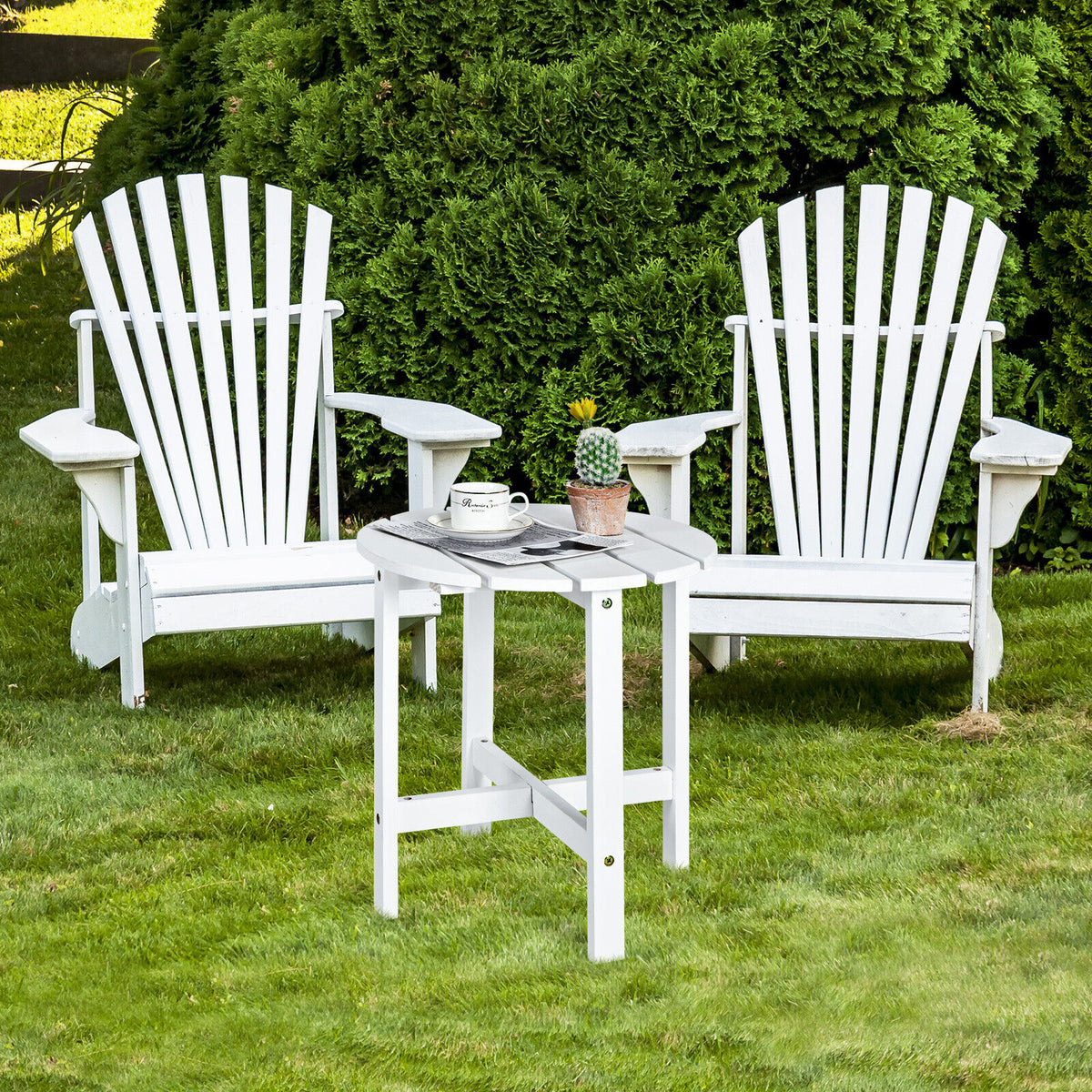18-Inch Round Wooden Slat Patio Side Table in White for Garden Deck