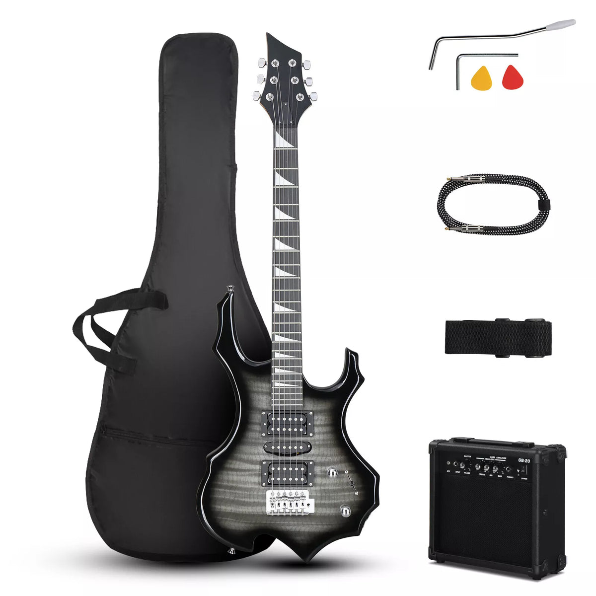 39" Flame Electric Guitar Kit with HSH Pickups & 20W Amp Black Tiger