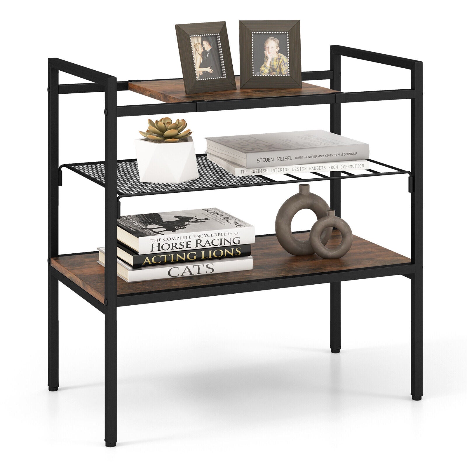 3-Tier Industrial Entryway Table with Removable Panel & Mesh Shelf