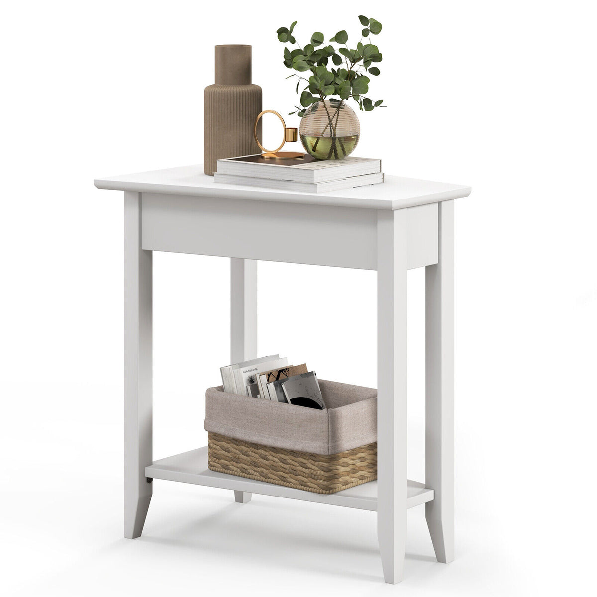 2-Tier Irregular White Sofa Side Nightstand Table with Storage Shelf