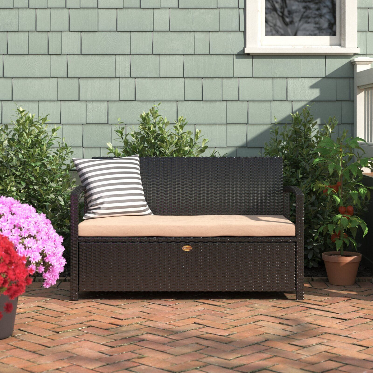 Black Deck Storage Box Bench With Seat Cushion Outdoor Patio Furniture