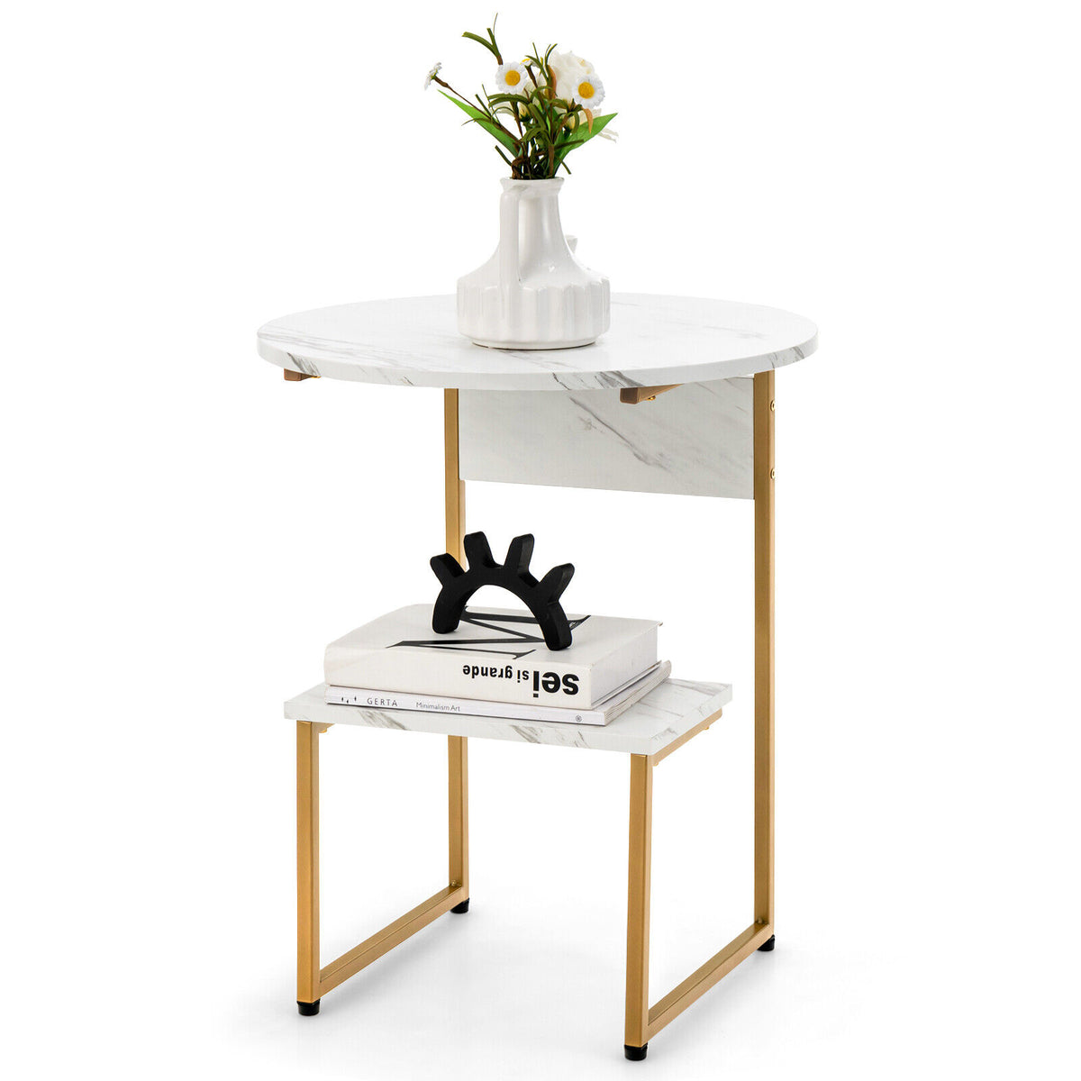 2-Tier Round White Side Table with Metal Frame