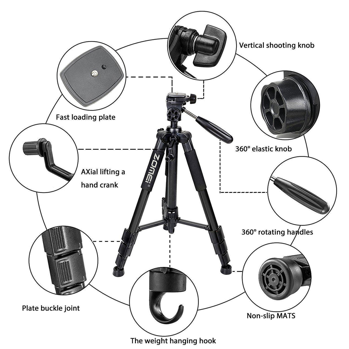 Travel Camera Tripod with 3-way Pan Head Lightweight Black