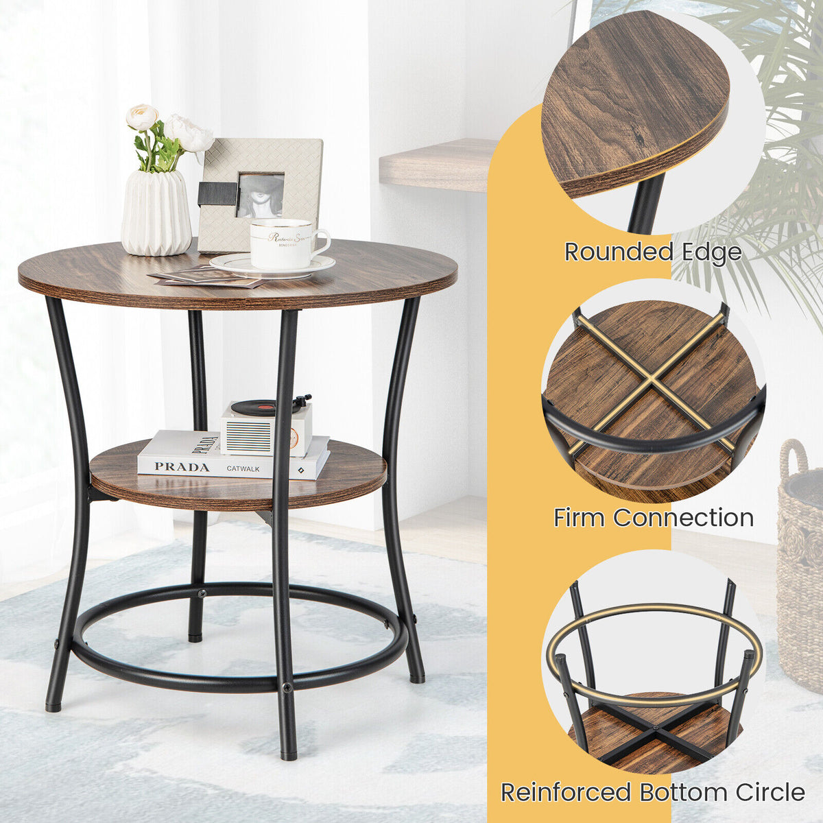 2-Tier Round Sofa Side Table with Sturdy Metal Frame Brown Nightstand