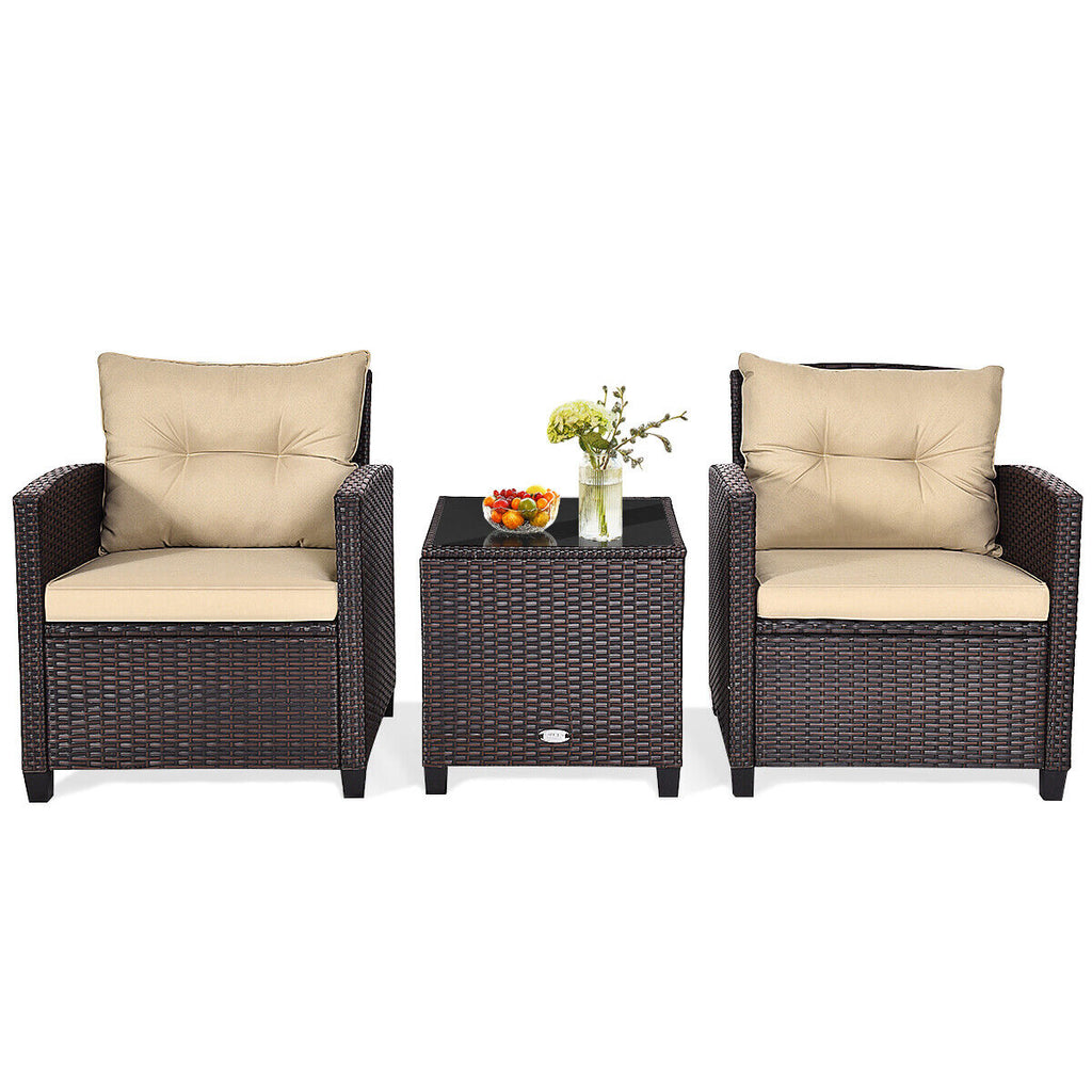 3pcs Outdoor Patio Rattan Furniture Set w/ Cushion Coffee Table