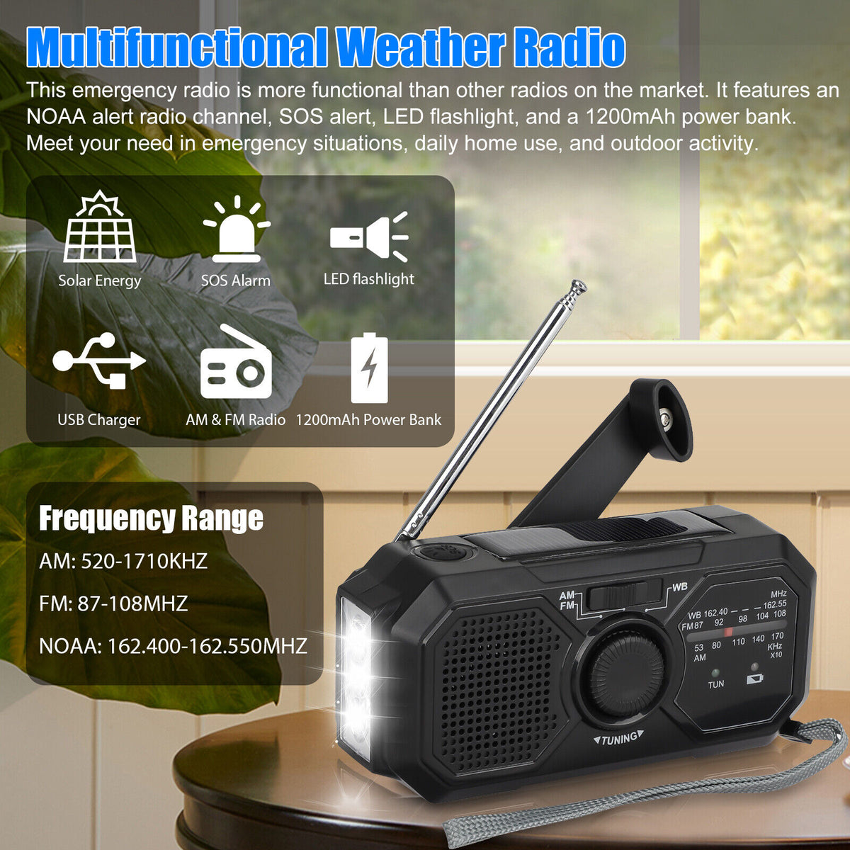 FM/NOAA Weather Radio Emergency Hand Crank or Solar Powered Flashlight