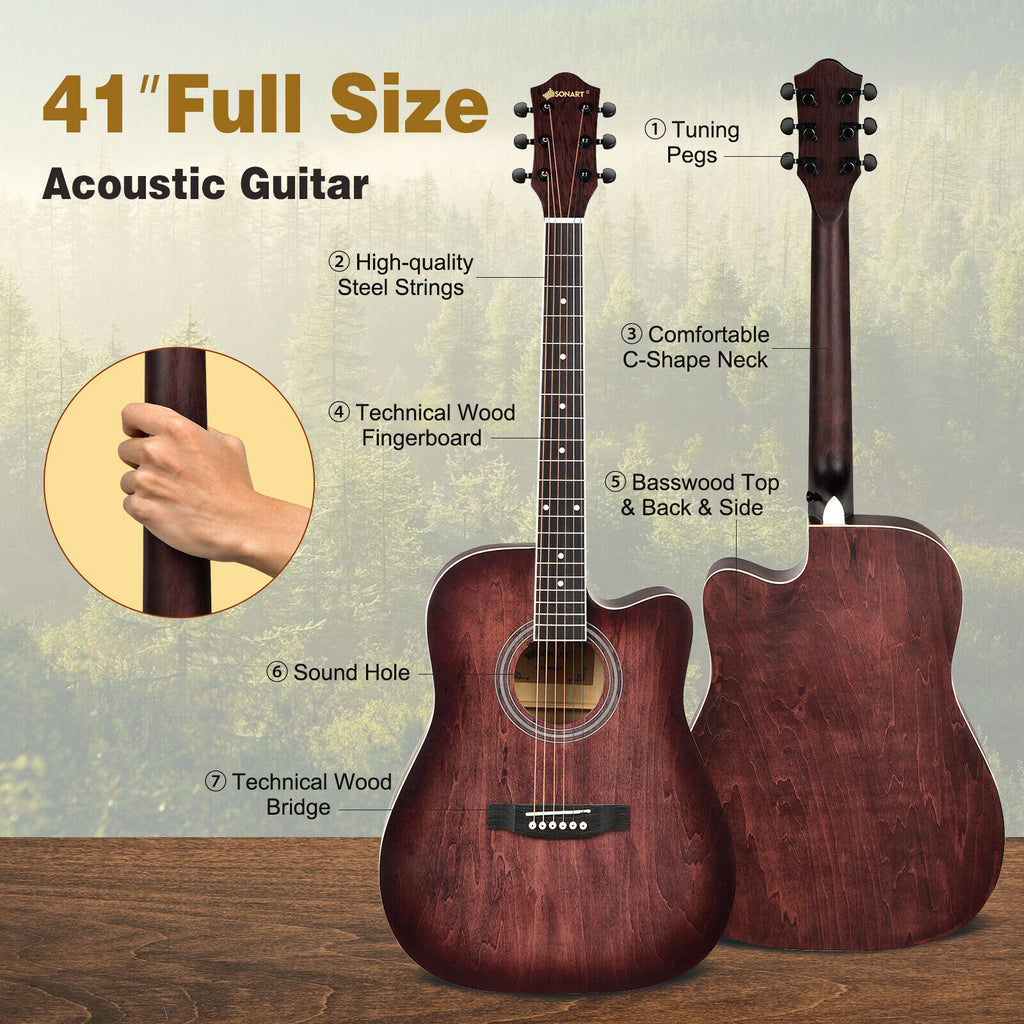 41" Beginner Acoustic Guitar Kit Full Size Dreadnought Cutaway Red