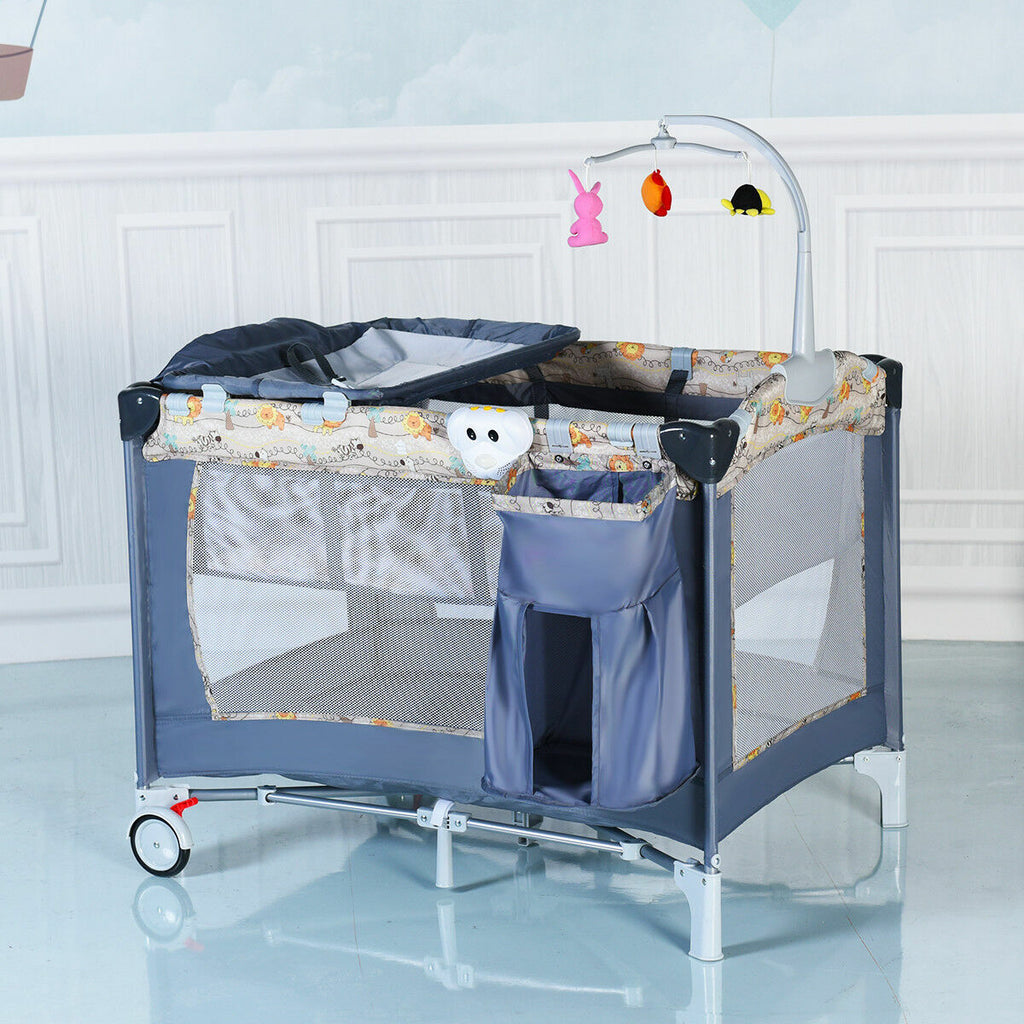 Gray Baby Crib Playpen Play Yard Foldable Travel Infant Bassinet Bed