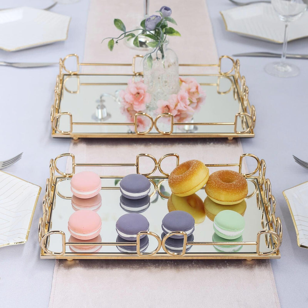 Set of 2 Gold Decorative Trays Rectangular Serving Platters Wedding Decor