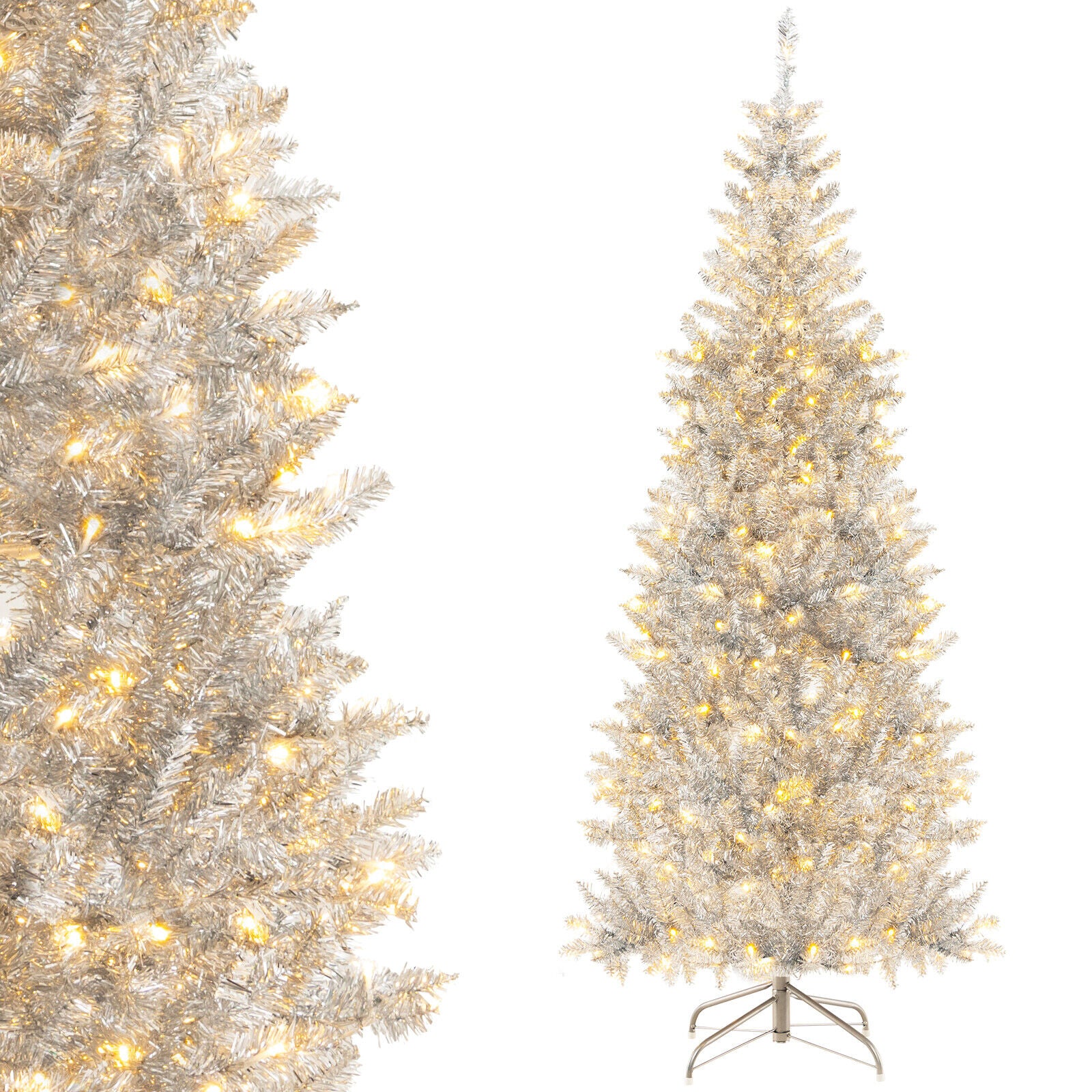 6-foot Silver tinsel Christmas Tree with LED Lights and 790 Branch Tips