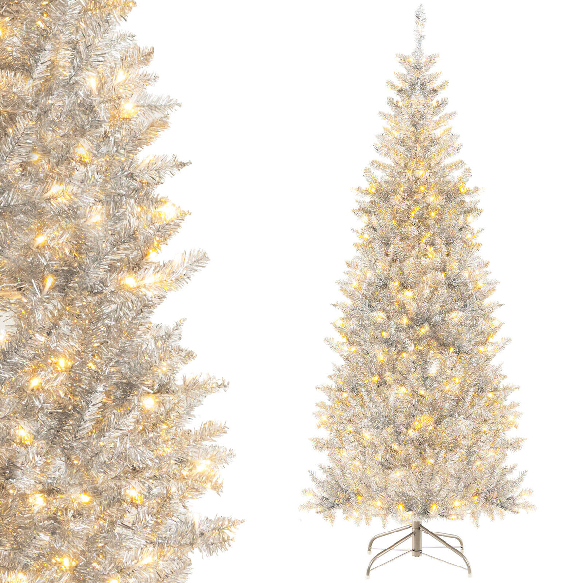6-foot Silver tinsel Christmas Tree with LED Lights and 790 Branch Tips