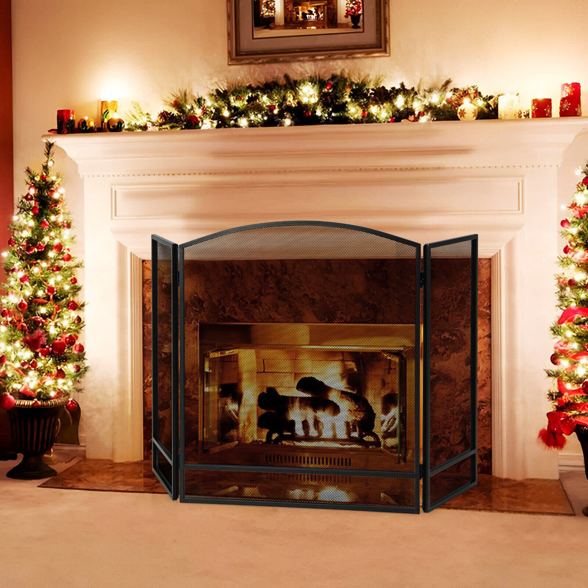 3-panel Foldable Wrought Iron Fireplace Screen with Mesh