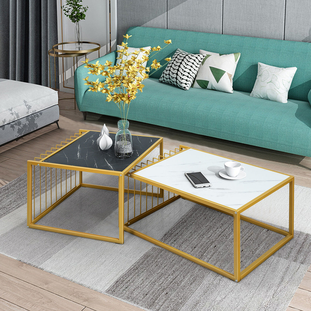 Marble-Top Nesting Coffee Table Set with Gold Metal Frame