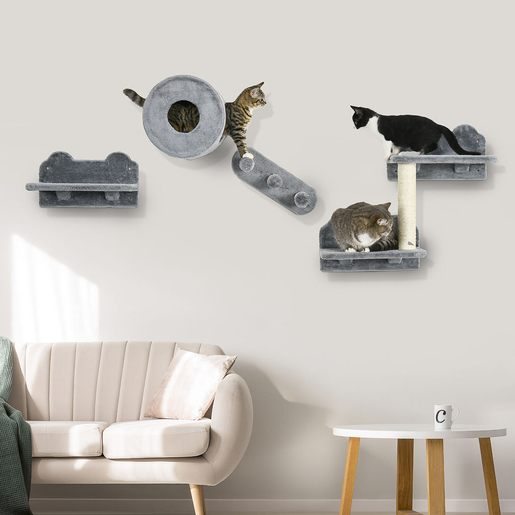 Gray Wall-Mounted Cat Shelves with Activity Center and Scratching Post