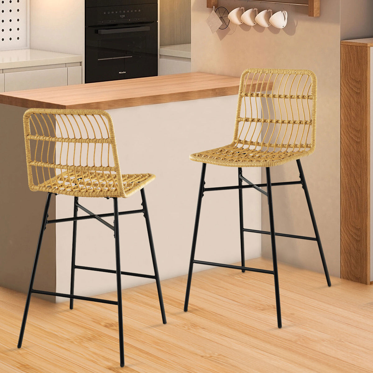Set of 2 Rattan Bar Stools Counter Height Dining Chairs Natural