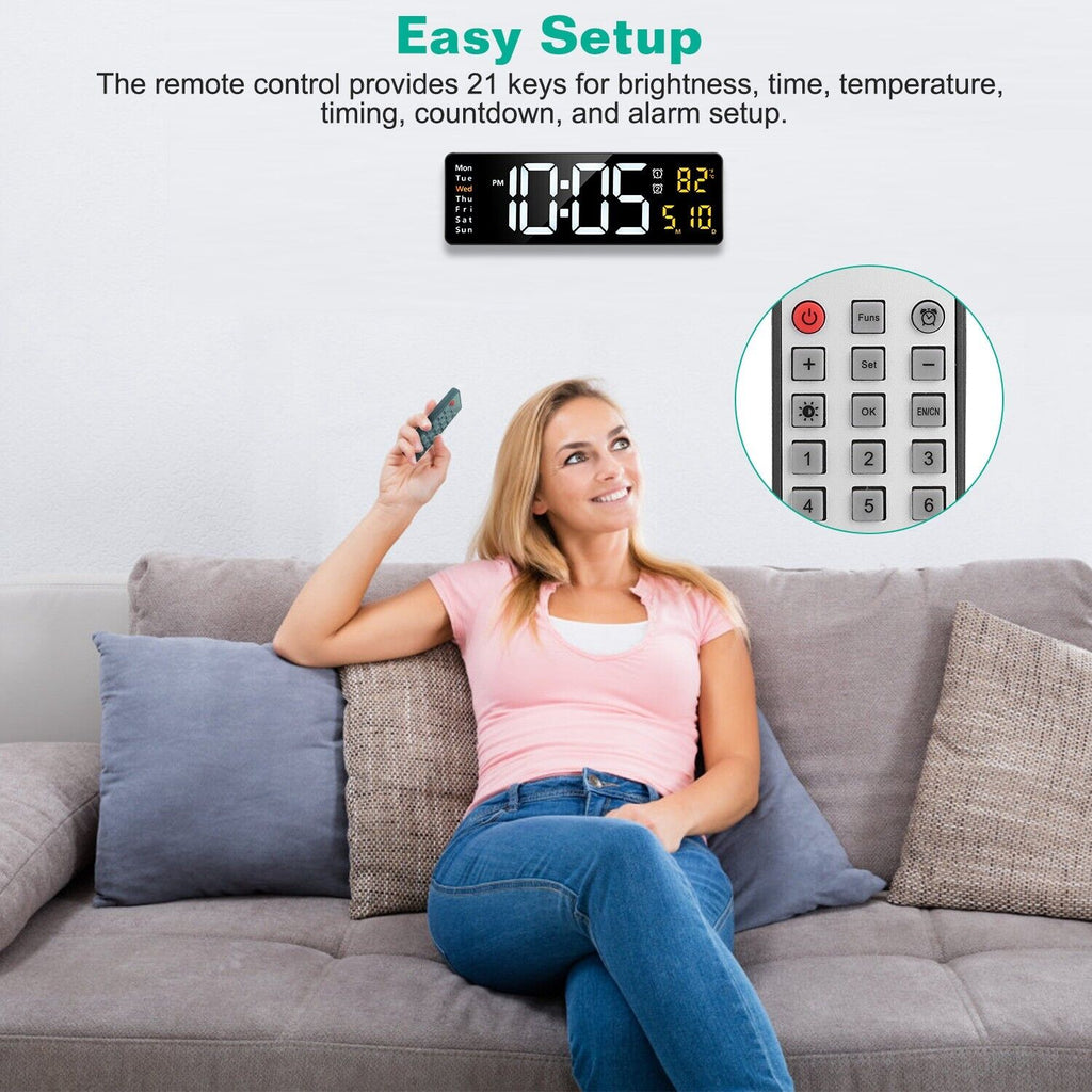 15.7" LED Digital Wall Clock w/ Remote Controller & Temperature Sensor