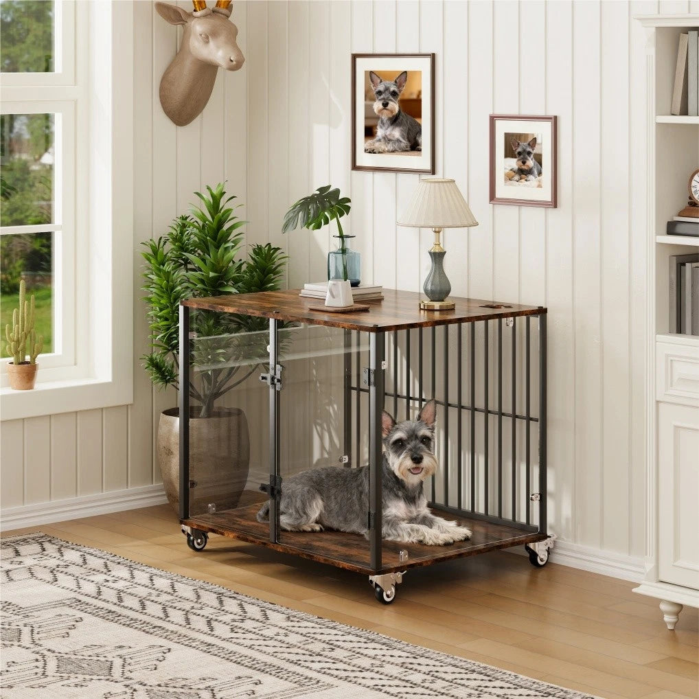 Tempered Glass Dog Crate Kennel with Wheels and End Table Top
