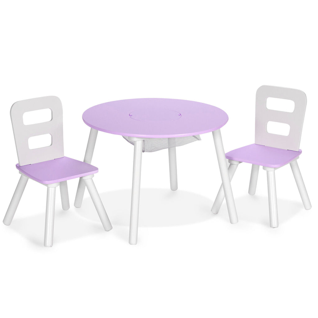 Kids Wooden Round Table & 2 Chair Set with Center Mesh Storage