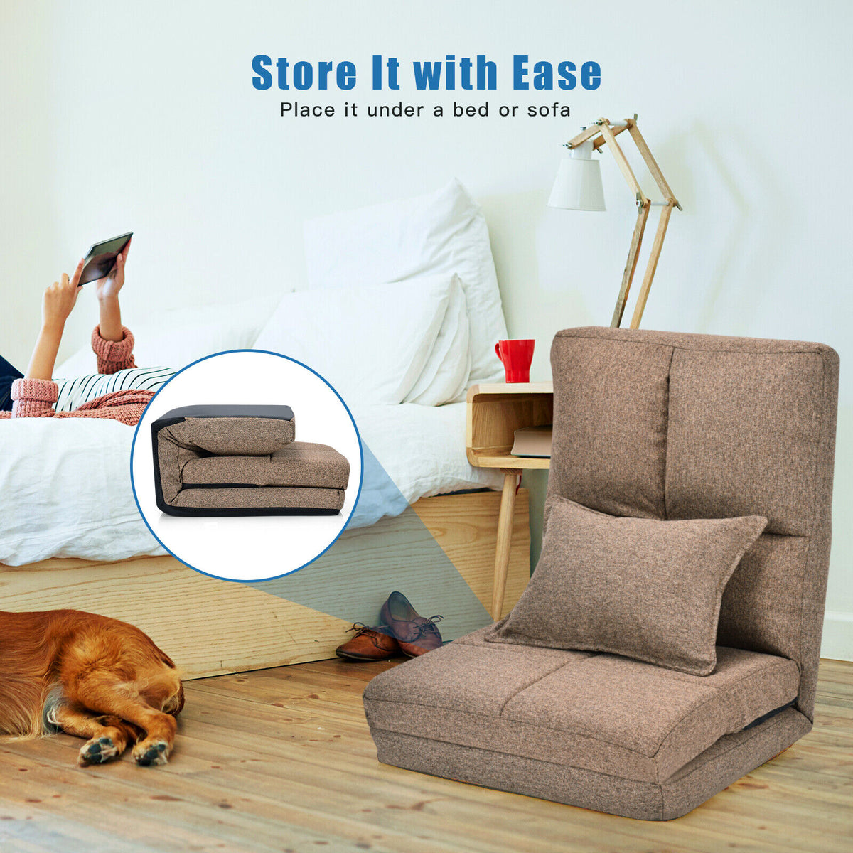 Convertible Flip Chair Sleeper Couch & Futon Bed with Pillow - Coffee