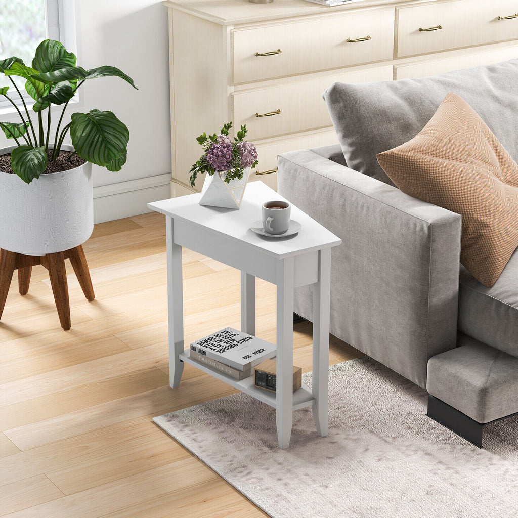 2-Tier Irregular White Sofa Side Nightstand Table with Storage Shelf