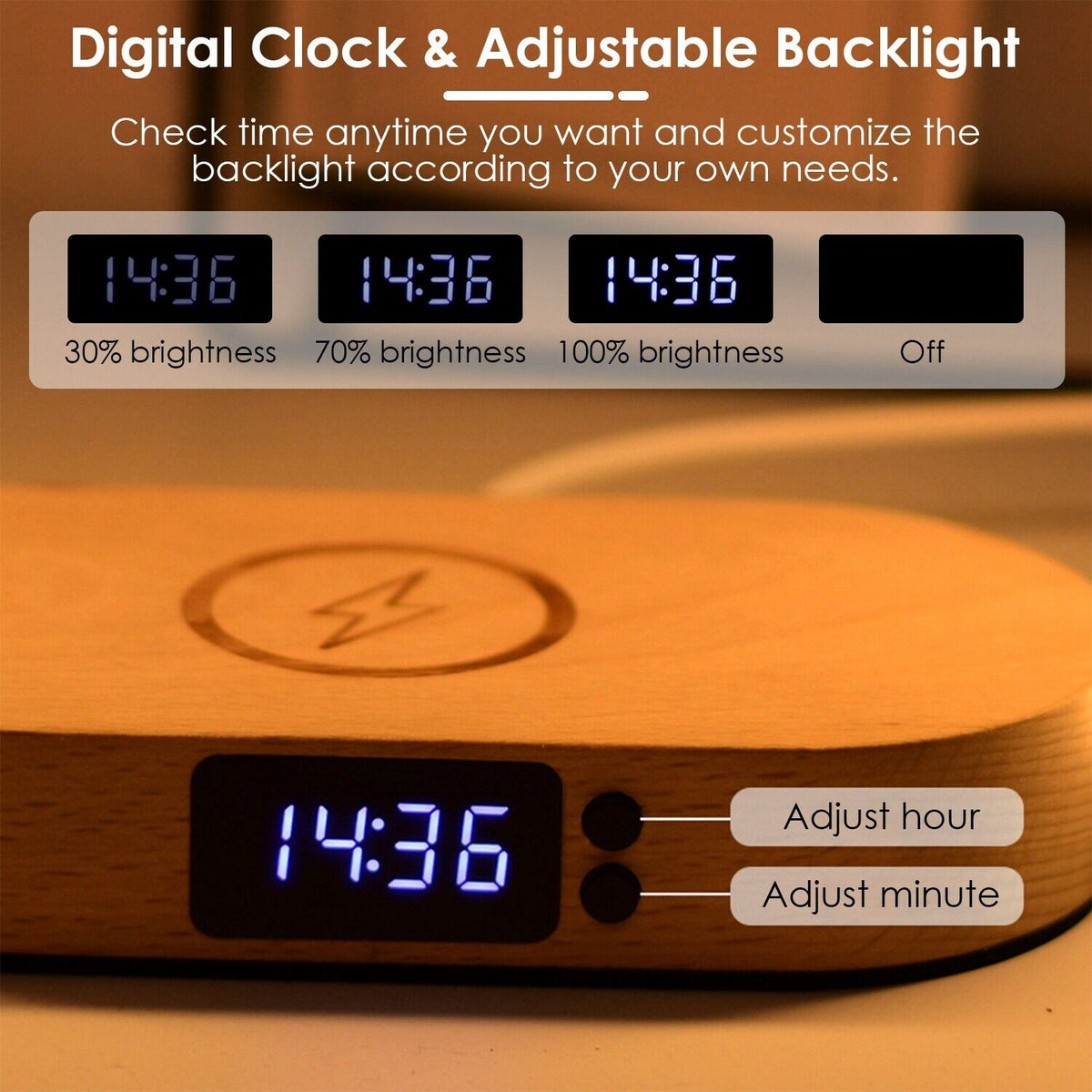 LED Bedside Lamp and Clock with USB Wireless Charger and Touch Control