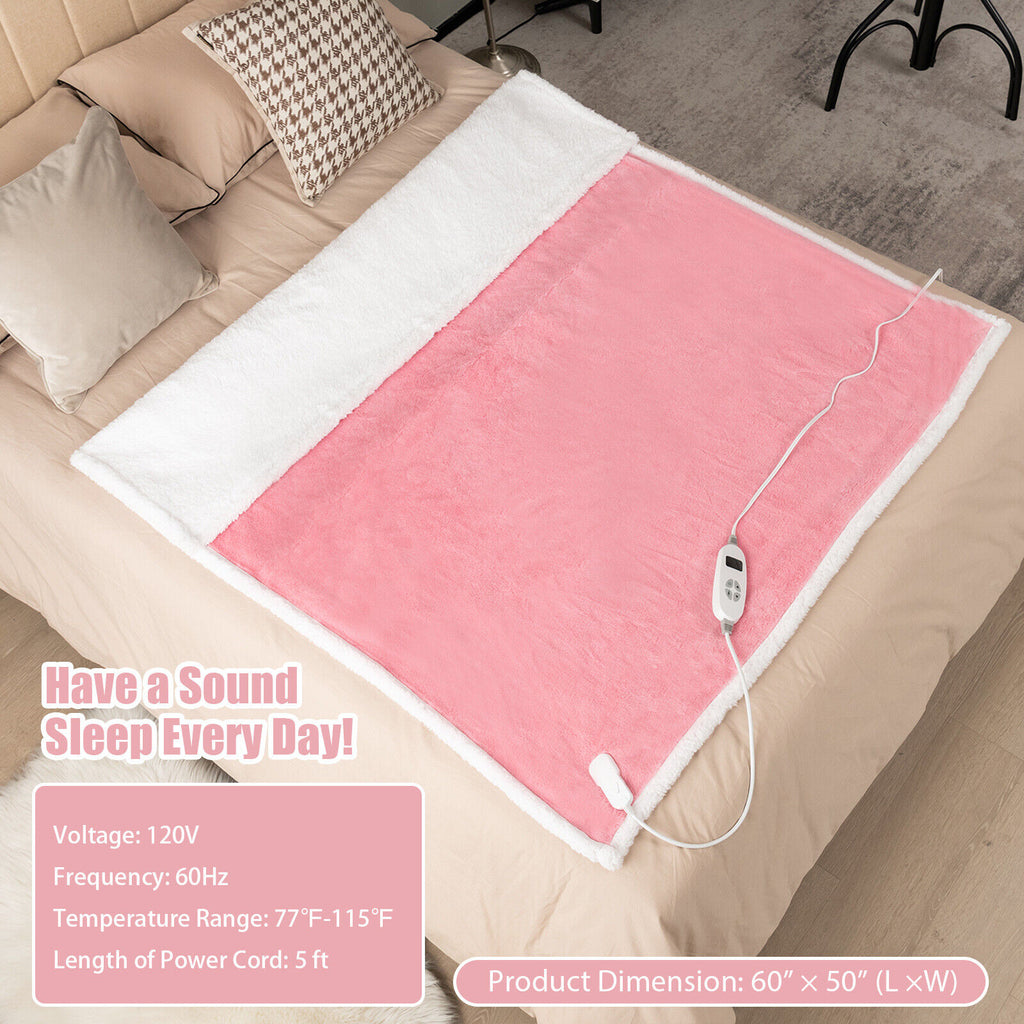 60"x50" Pink Electric Heated Blanket Throw with 10 Heat Levels and 9-Hour Timer