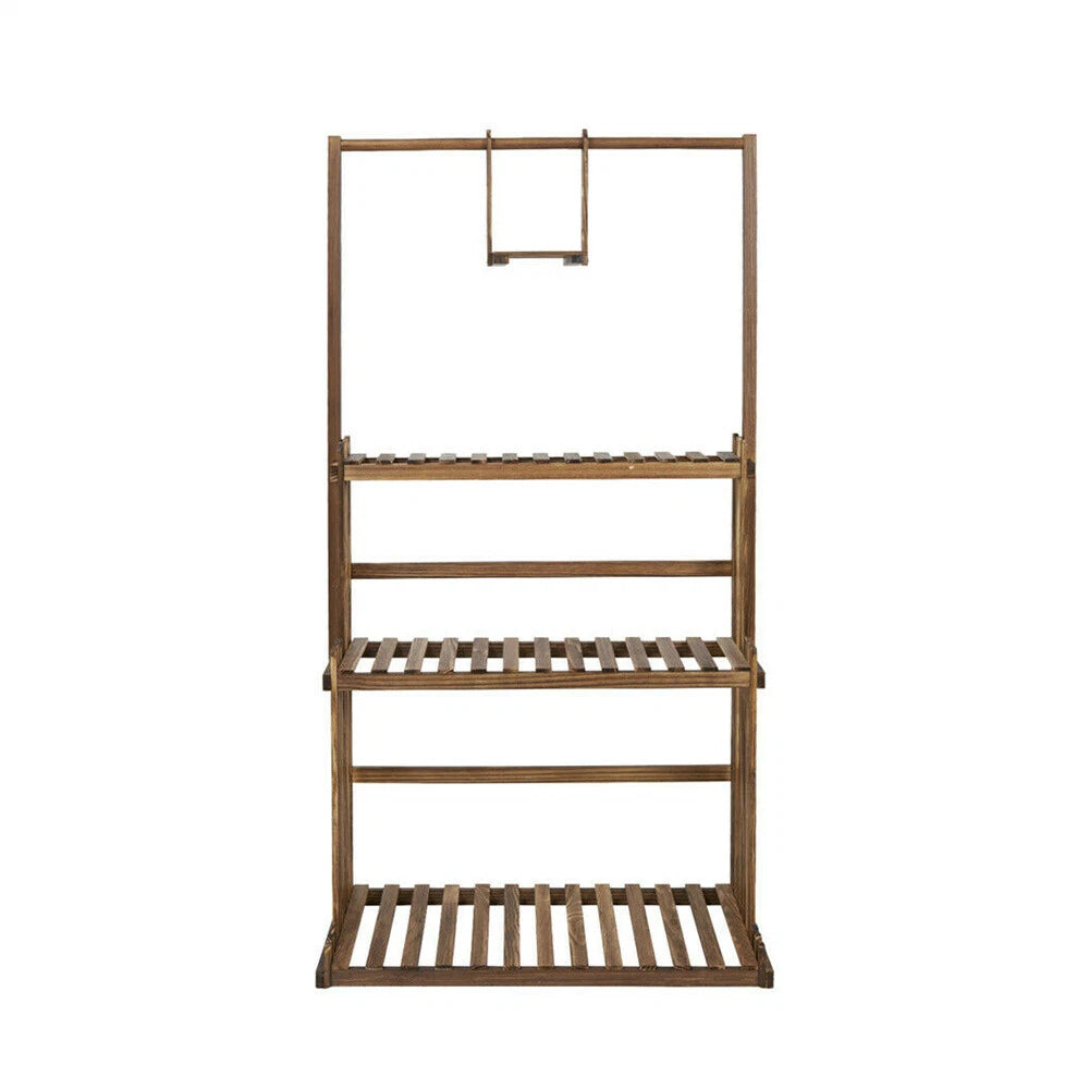 3-Tier Wooden Plant Stand with Hanging Bar for Garden Patio